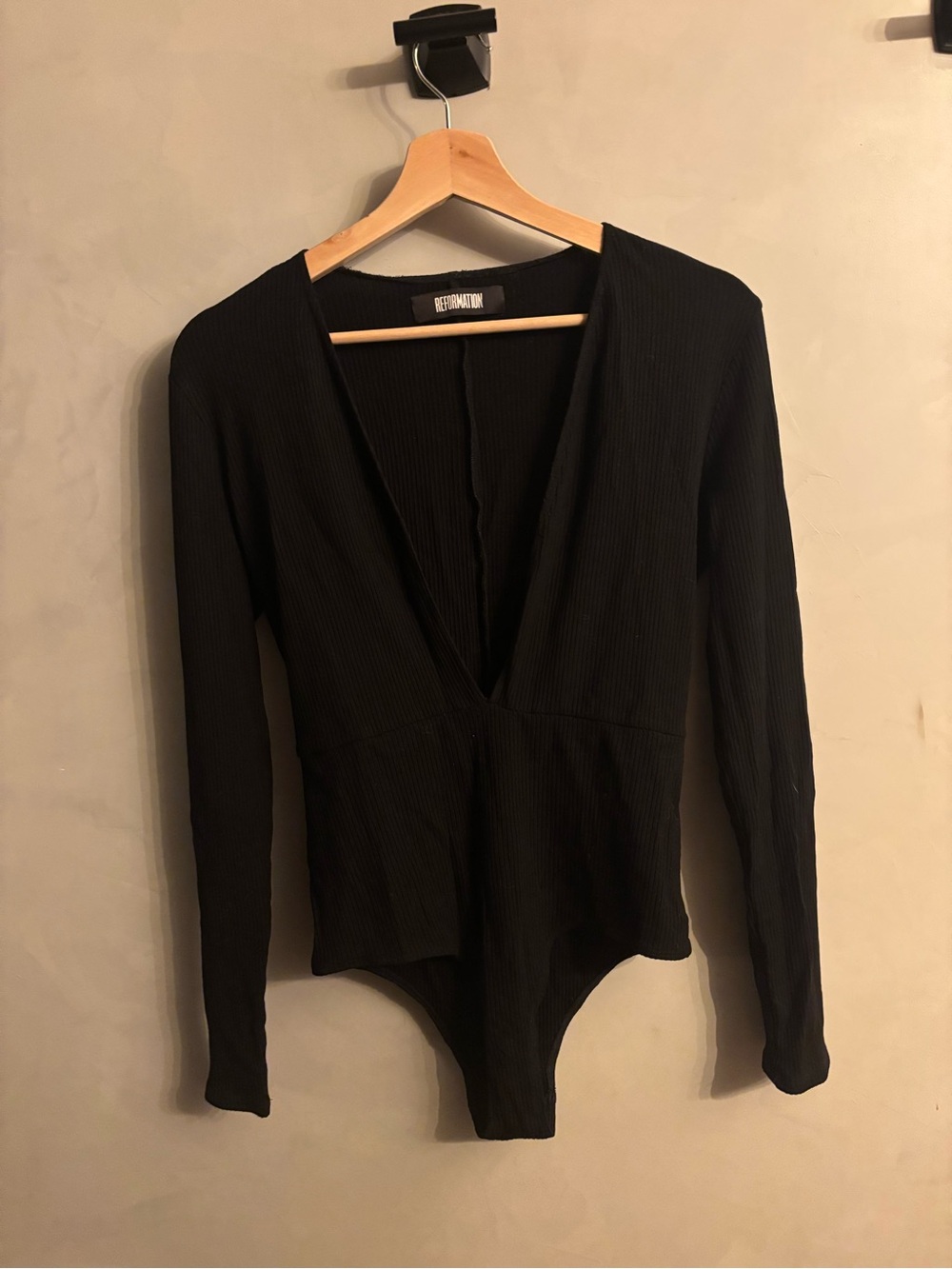 Reformation Black Ribbed Deep-V Long Sleeve Bodysuit